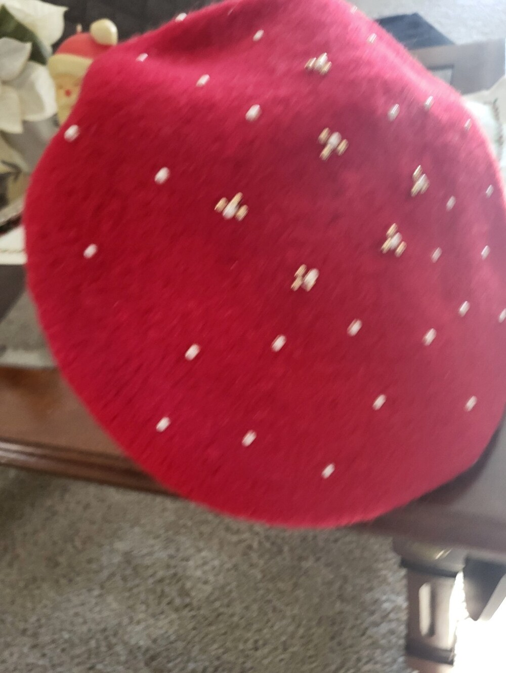 Red Decorative Felt Accent Hat with Pearl Embellishments - Unbranded